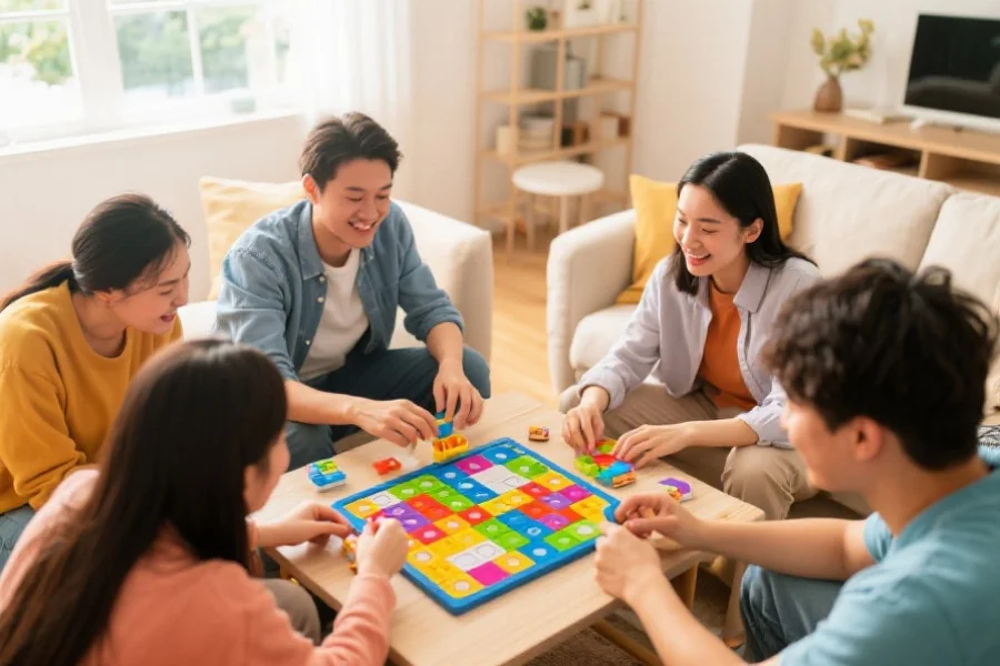 多名玩家在明亮温馨的客厅中一起玩色彩斑斓的益智休闲游戏，氛围轻松愉快